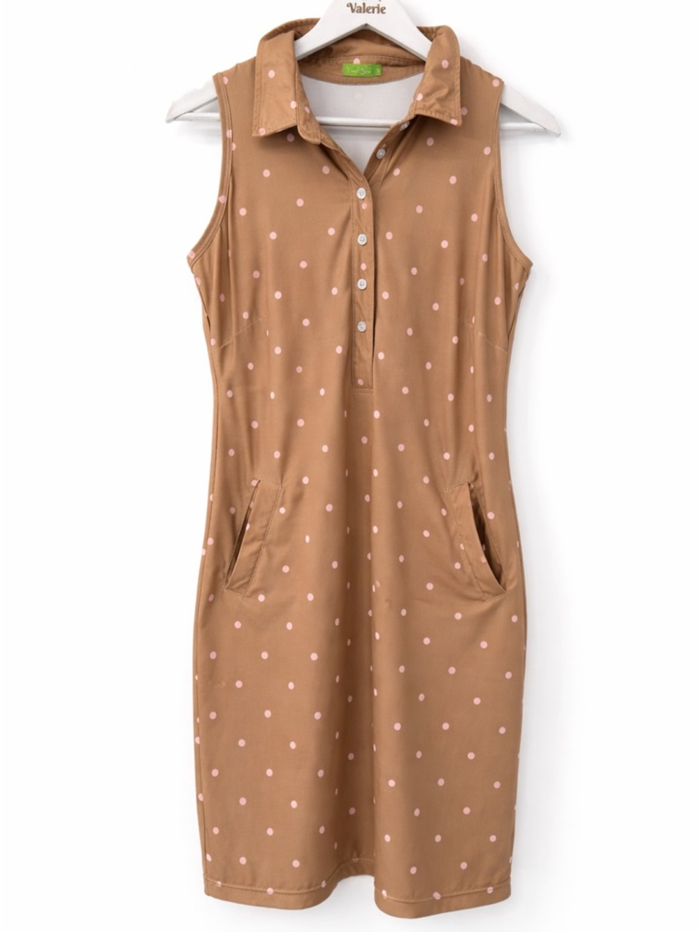Tee 2 Sea Polka Dot Golf Dress Athletic Mini Dress Pockets Size Small Tan Pink